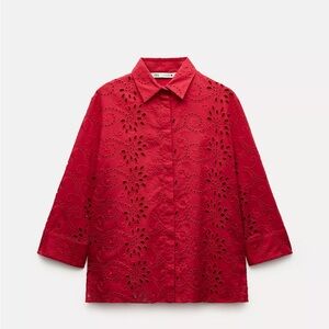Zara Red Openwork Eyelet Embroidered Poplin Shirt